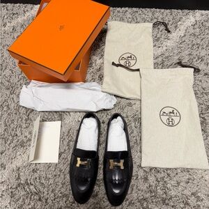 Hermes Women Leather Black & Gold Loafers